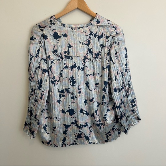 Vince Womens Floral Print Accordion Pleat Button Down Blouse Blue Pink Sz Small - Picture 7 of 9
